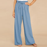 Damen nan Leinenhose mit Paperbag-Bund und weitem Bein Drune in Hellblau