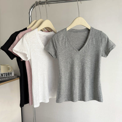 Femme Soft V-Ausschnitt Kurzarm T-Shirt Heidi-Mode