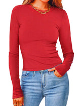 Damen Figurbetontes Langarmshirt Mit Rippstruktur – Schmaler Stretch Fit in Rot