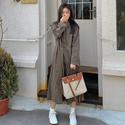 Damen Langarm Gingham Maxi Kleid mit verstellbarem Bund Heidi-Mode