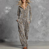 Damen Bequemer Reißverschluss Jumpsuit – Lang Mit Taschen in Leopardenmuster