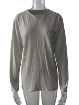 Damen nan legeres Langarmshirt mit V-Notch-Ausschnitt, Brusttasche und lockerer Oversize-Passform Drune in Mit Taschen – Hellgrau Langarm
