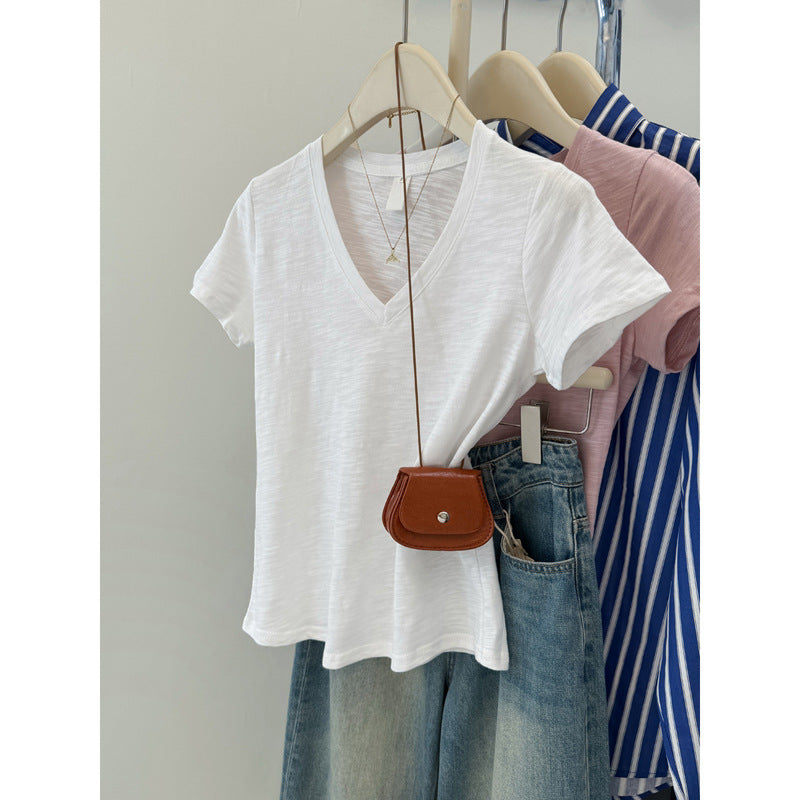 Damen Relaxed V-Ausschnitt Slub T-Shirt Heidi-Mode