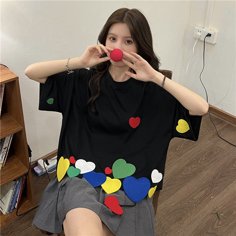 Femme Oversized Herz Applikation T-Shirt Heidi-Mode