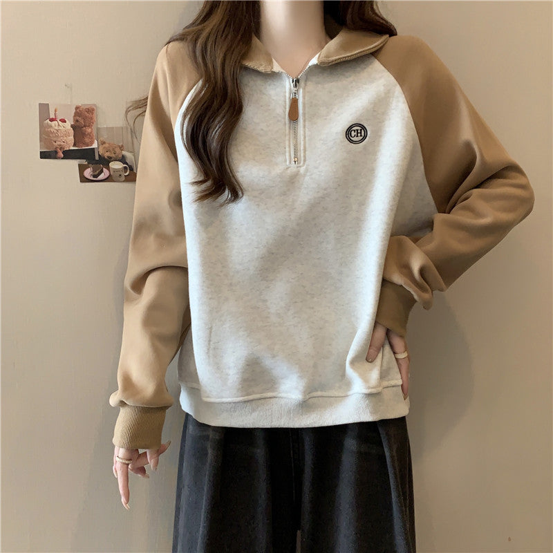 Femme Halber Reißverschluss Pullover Sweatshirt mit Farbkontrastärmeln Heidi-Mode