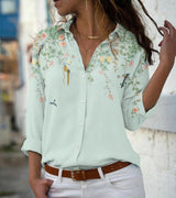 Damen nan leichte Chiffonbluse mit floralem Vogelprint, Knopfleiste und lässigem Schnitt Drune in Grün