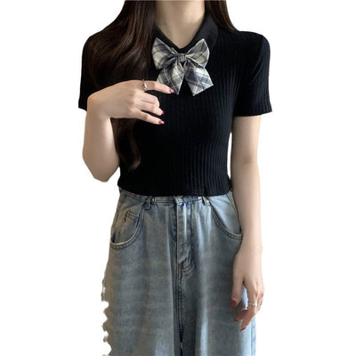 Femme Gestrickter Rippenshirt mit Kurzarm und Karo Schleifendetail Heidi-Mode