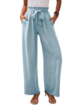 Damen nan Paperbag-Hose mit weitem Bein, hohem elastischem Bund und Bindegürtel Drune in Hellblau