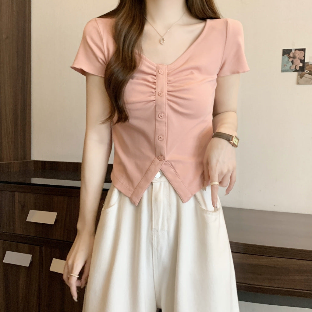 Femme Kurzarmknopf-Oben gerafftes Top mit V-Ausschnitt Heidi-Mode