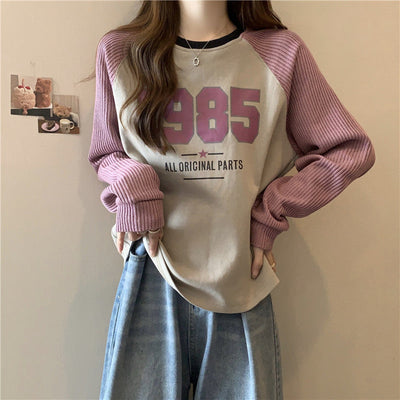 Femme Relaxed Fit Grafik Sweatshirt mit Kontrast-Rippärmeln Heidi-Mode