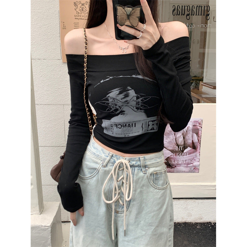 Frau Off-Shoulder Grafik Langarm Top mit Elegante Design Heidi-Mode