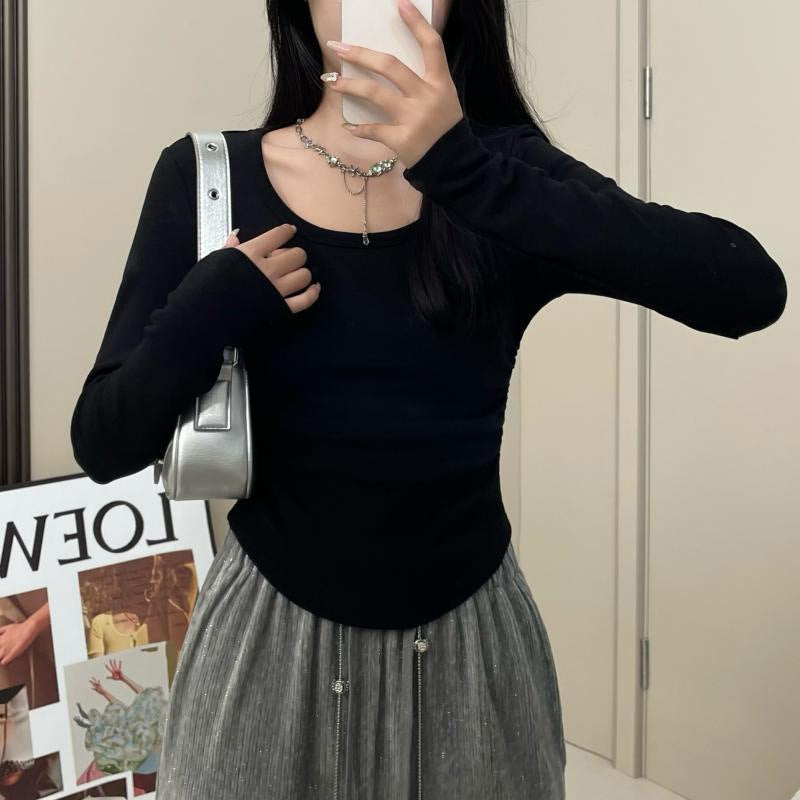 Damen Langarm Fitted Top mit Rundhalsausschnitt Detail Heidi-Mode