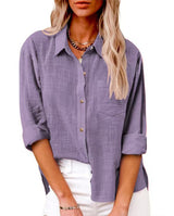 Damen nan oversized Leinen-Baumwollmix Hemdbluse mit Brusttasche und krempelbaren Ärmeln Drune in Dunkelviolett