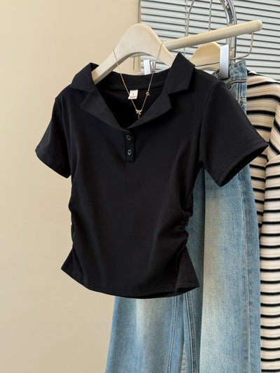 Damen Polo Stil Kurzarm-Top mit Knopfleiste Heidi-Mode