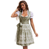 Damen nan traditionelles kurzes Dirndl mit Spitzenapron, Herzausschnitt, Puffärmeln und Schnürung Drune in 753870 Olivgrün (Oberteil+Rock+Schürze+Schleife)