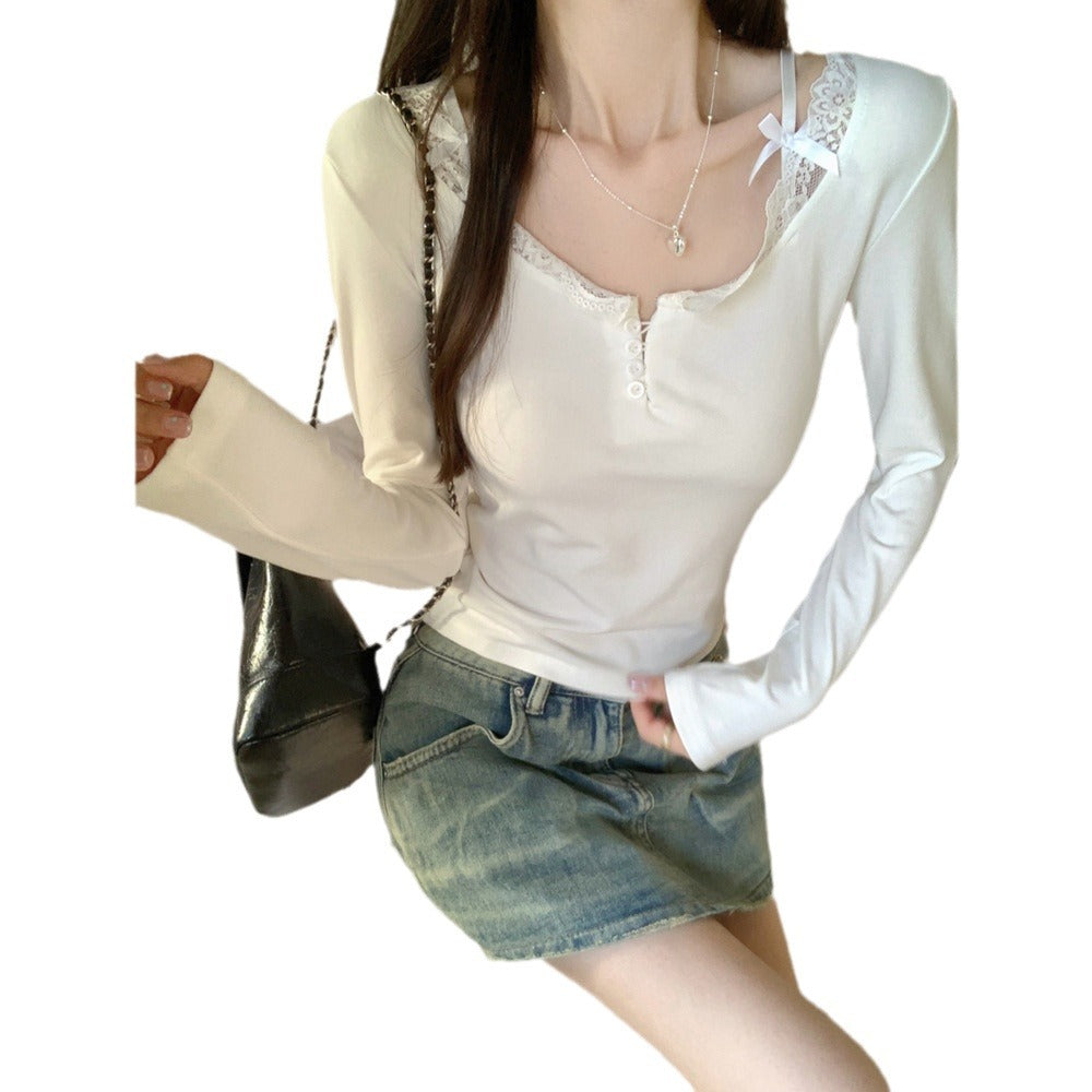 Femme Spitzenverziertes V-Ausschnitt Langarmoberteil Heidi-Mode