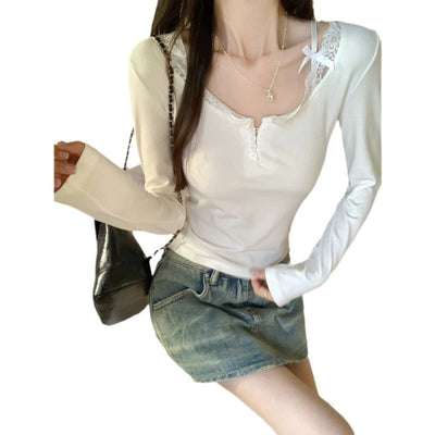 Femme Spitzenverziertes V-Ausschnitt Langarmoberteil Heidi-Mode