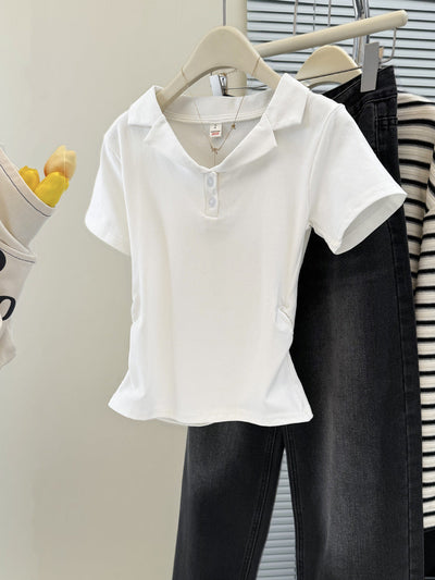 Damen Polo Stil Kurzarm-Top mit Knopfleiste Heidi-Mode