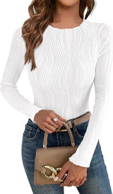 Damen nan figurbetontes Rippstrick-Longsleeve mit Wellendetail und Rundhalsausschnitt Drune in Weiß