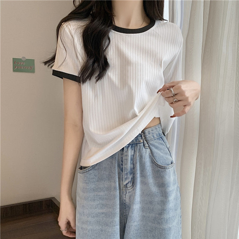 Femme Rippstrick Kontrastbesatz T-Shirt Heidi-Mode