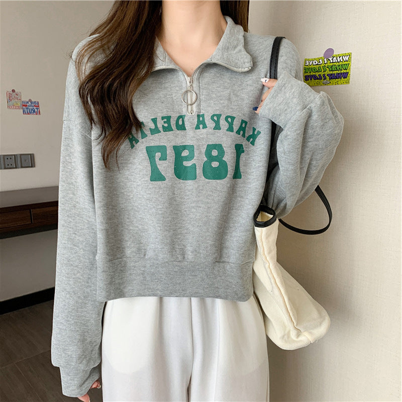 Femme Halb-Reißverschluss Freizeit Pullover Sweatshirt mit Vintage-Druck Heidi-Mode