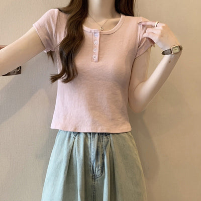 Femme Kurzarmangepasster Henley-Top mit Knopfdetails Heidi-Mode