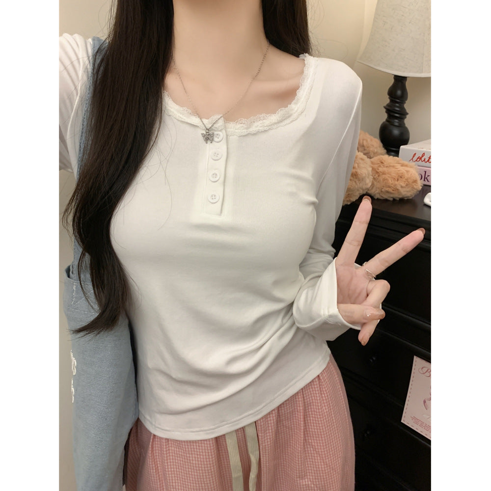 Femme Spitzenbesatz Knopf-Down Langarmoberteil Heidi-Mode