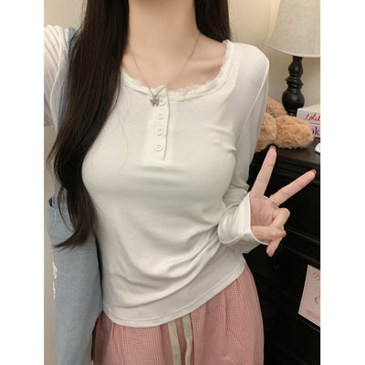 Femme Spitzenbesatz Knopf-Down Langarmoberteil Heidi-Mode