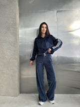 Damen Samt Hoodie Und Weite Hose Set – Bequemes Lounge Outfit in Blau