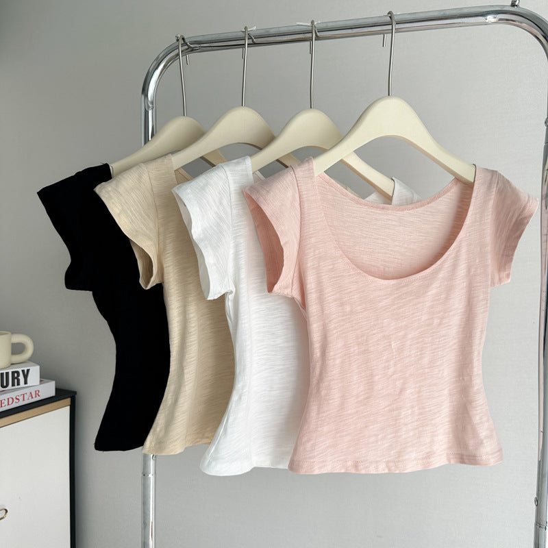 Femme Kurzarm Flatternder Rundhalsausschnitt Top Heidi-Mode