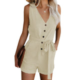 Damen Ärmelloser Knopf Playsuit – Sommer Jumpsuit Mit Gürtel in Aprikose