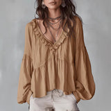 Damen Fließendes Oberteil Mit Raffungen Und V-Ausschnitt – Locker Elegante Bluse in Hellbraun