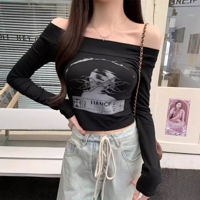Frau Off-Shoulder Grafik Langarm Top mit Elegante Design Heidi-Mode