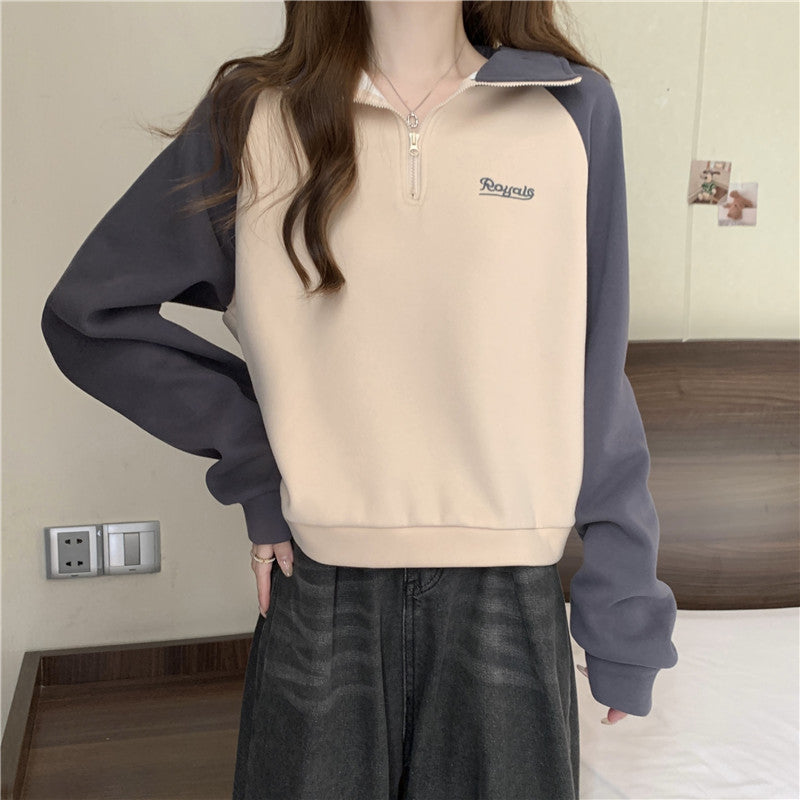 Damen Quarter-Zip Casual Sweatshirt mit kontrastierenden Ärmeln Heidi-Mode