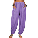 Damen nan lockere Leinenhose mit weitem Bein elastischem Bund und großen aufgesetzten Taschen Drune in Violett