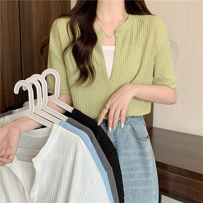 Femme Kurzarm Waffelstricktop mit Knopfdetails Heidi-Mode