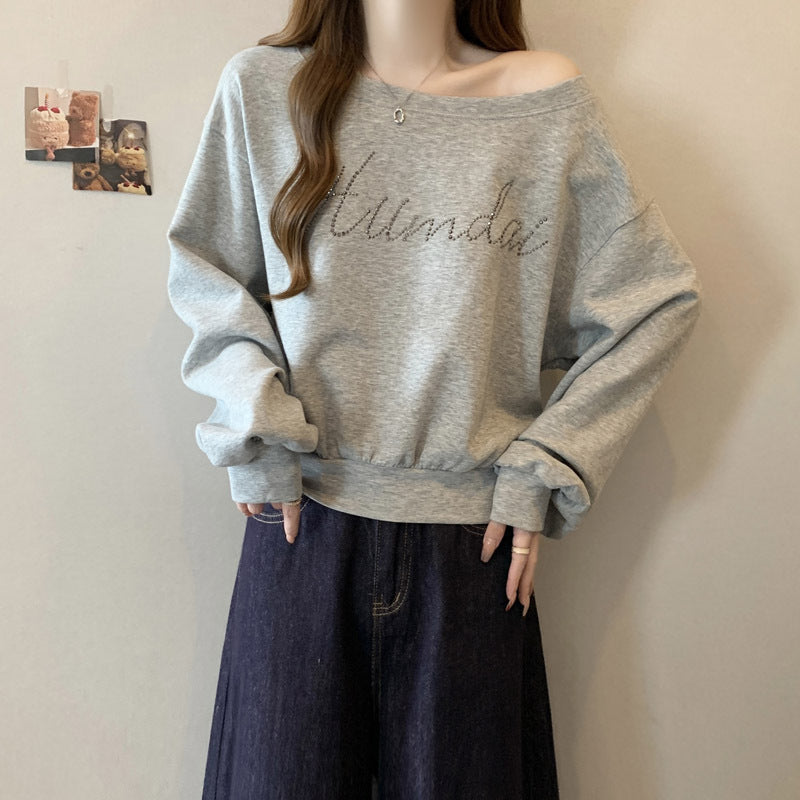 Damen Off-Shoulder Lässiger Sweatshirt mit Strassdetails Heidi-Mode