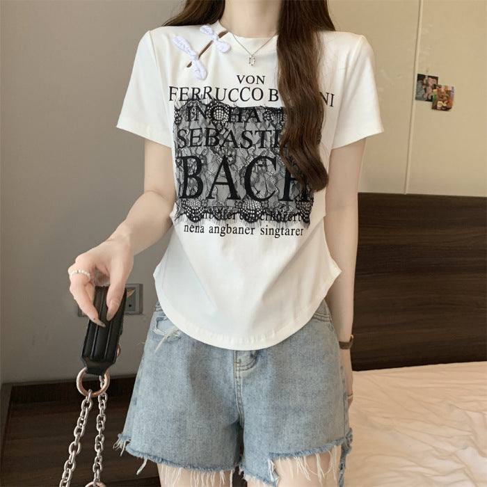 Femme Spitzen-Detail Grafik T-Shirt Heidi-Mode