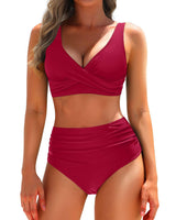 Damen Bikini Set Mit Hochtaillierten Shorts – Figurformende Bademode in Rot