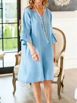 Damen Freizeitkleid Mit Rüschen – Hüftlang Lockeres Sommer Outfit in Himmelblau
