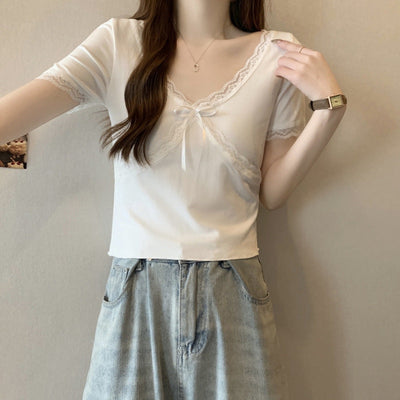 Damen Spitzenbesetztes V-Ausschnitt-Oberteil mit Schleifendetail Heidi-Mode