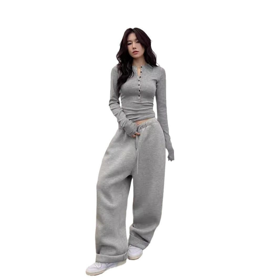 Damen Langarm Button-Up Henley Top mit Daumenlöchern und Hochbund-Sweatpants Heidi-Mode