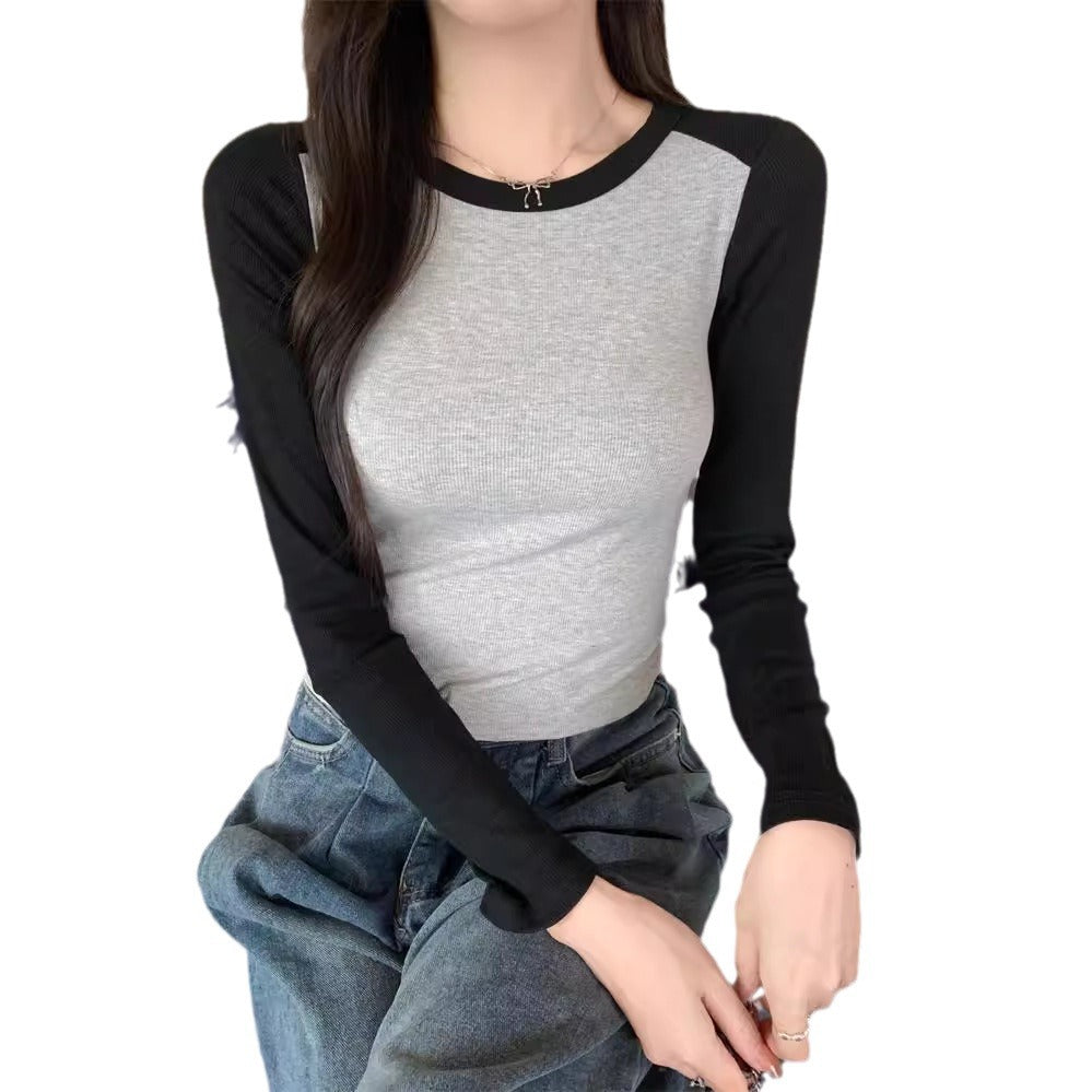 Damen Langarm-Ripp-Top mit Kontrastärmeln Heidi-Mode