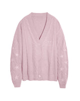 Damen nan großzügiger Grobstrick-Cardigan mit Zopfmuster, V-Ausschnitt und Sternstickereien Drune in Rosa