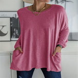 Damen nan oversized Longsleeve-Tunika mit Rundhalsausschnitt, überschnittener Schulter und aufgesetzten Taschen Drune in Lederrot