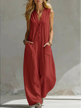 Damen Ärmelloser V-Ausschnitt Jumpsuit – Weites Bein Mit Taschen in Rot