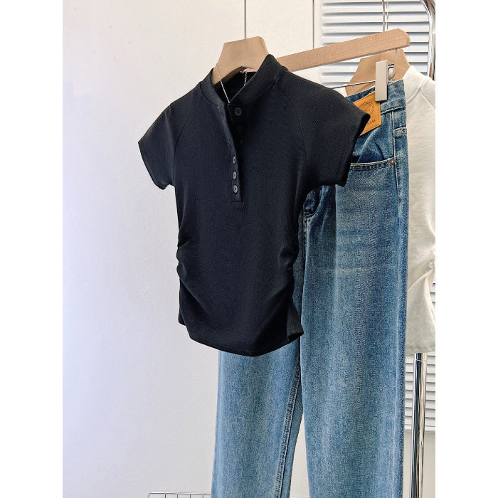 Femme Kurzarm Raffung Henley Oberteil mit Knopfdetail Heidi-Mode