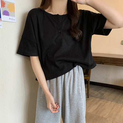 Femme Relaxed Fit Kurzarm Henley Oberteil Heidi-Mode