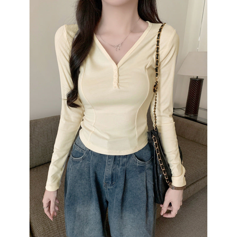 Femme Langarm Enganliegendes Henley-Oberteil mit Knopfverschluss Heidi-Mode