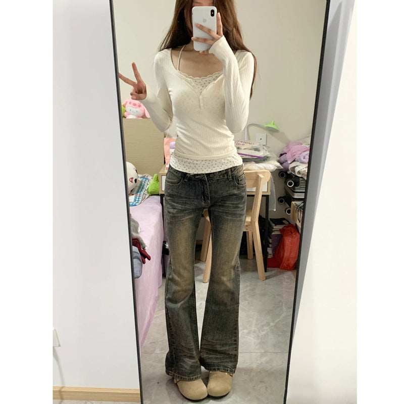 Damen Langarm Ripp-Henley-Oberteil mit Knopfdetail Heidi-Mode